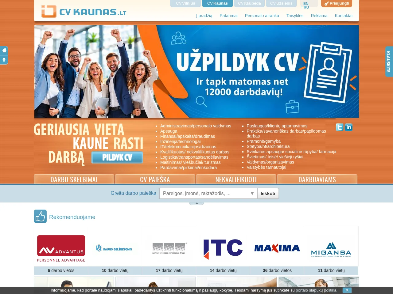 CVKaunas.lt job board platform screenshot showing job search interface