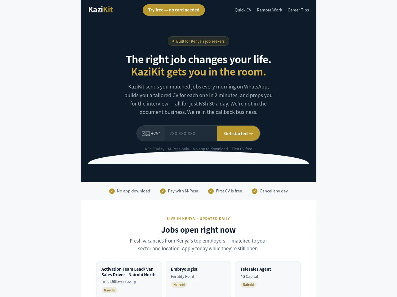 KaziKit job board platform screenshot showing job search interface