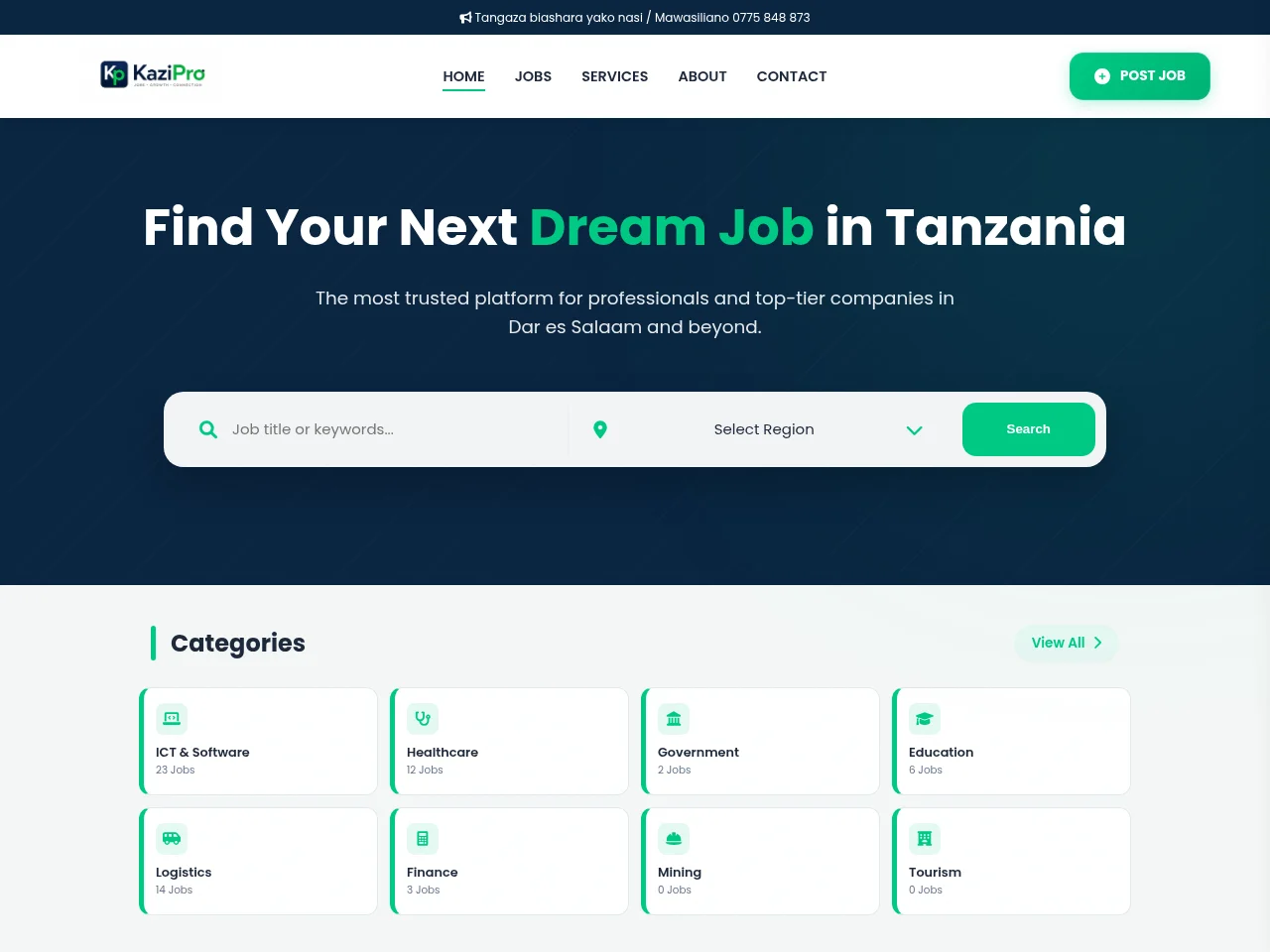 KaziPro job board platform screenshot showing job search interface