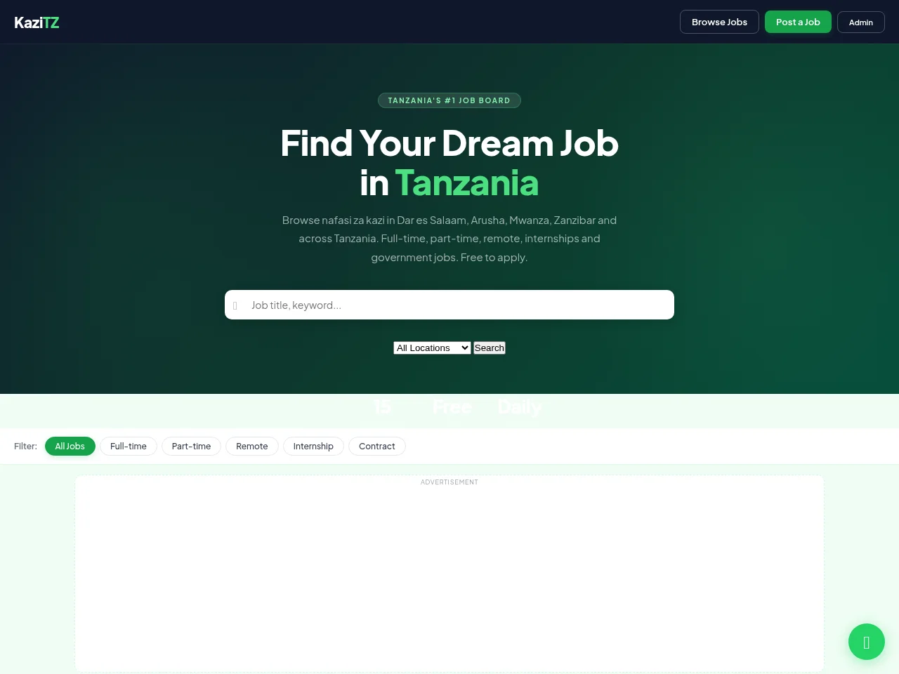 KaziTZ job board platform screenshot showing job search interface
