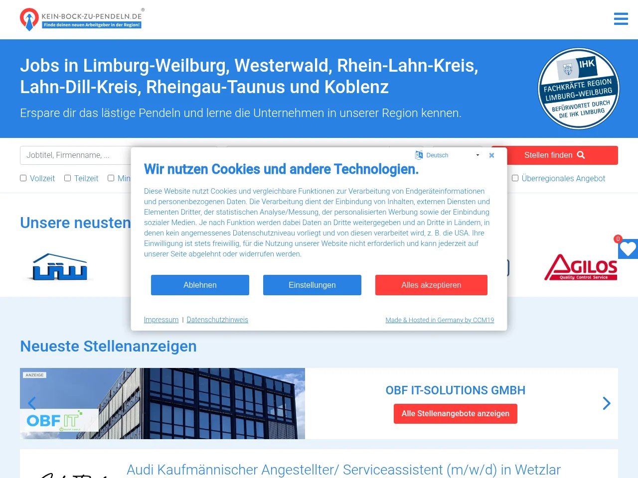 Kein Bock zu Pendeln job board platform screenshot showing job search interface