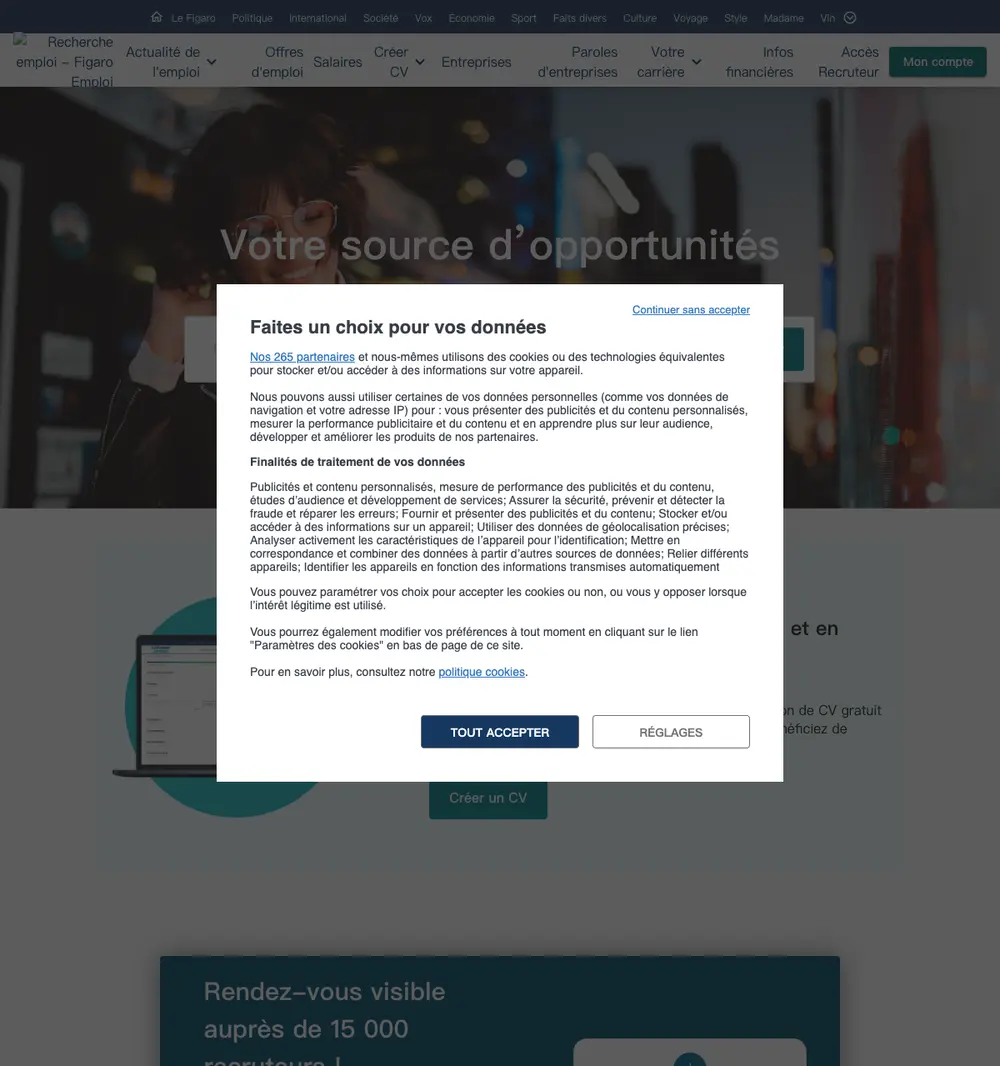 Figaro Emploi job board platform screenshot showing job search interface