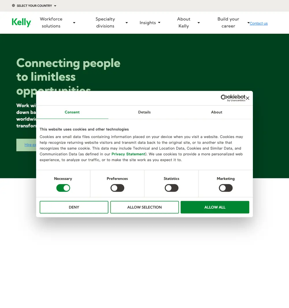 Kelly Services job board platform screenshot showing job search interface