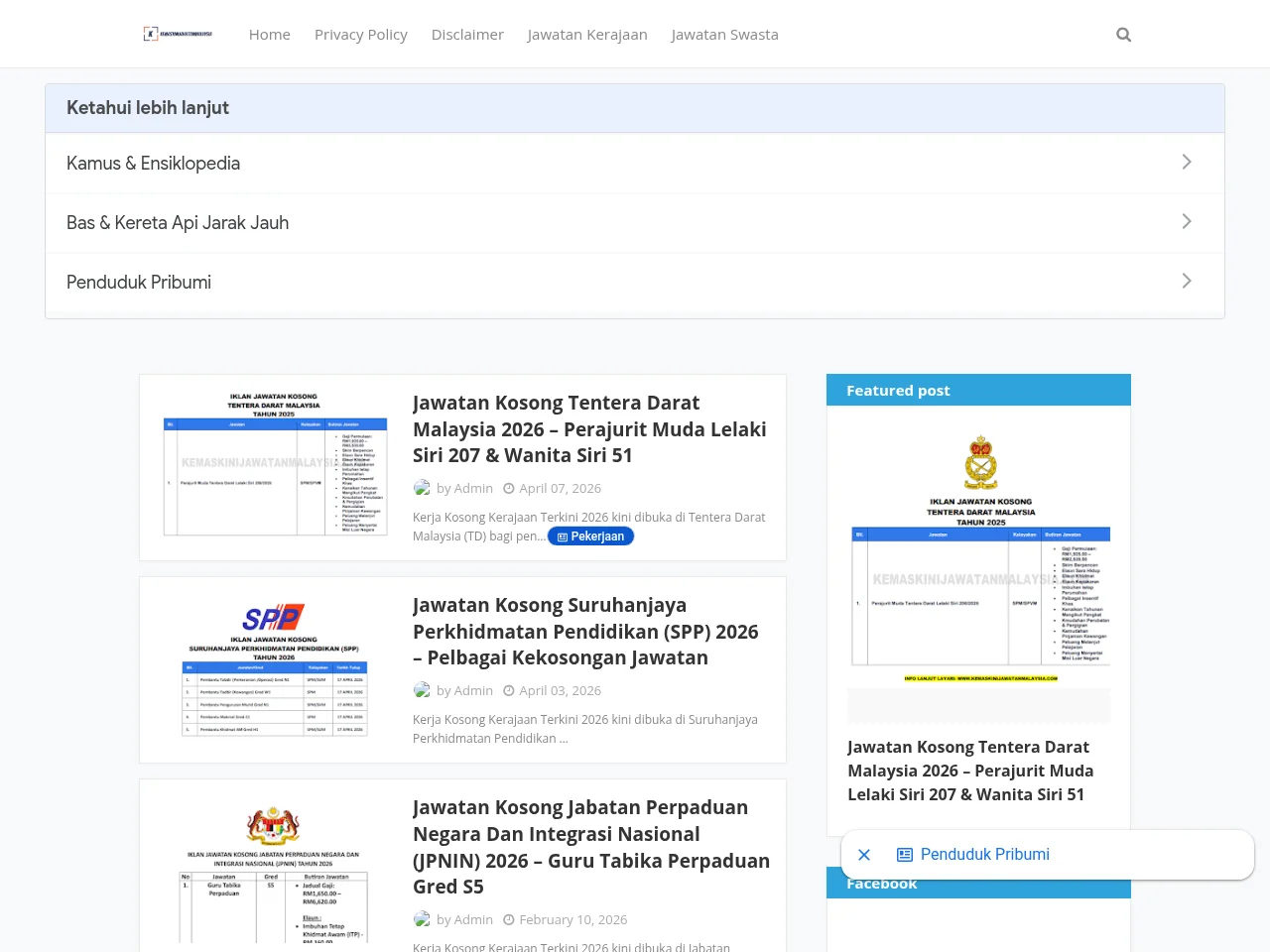KEMASKINI JAWATAN job board platform screenshot showing job search interface