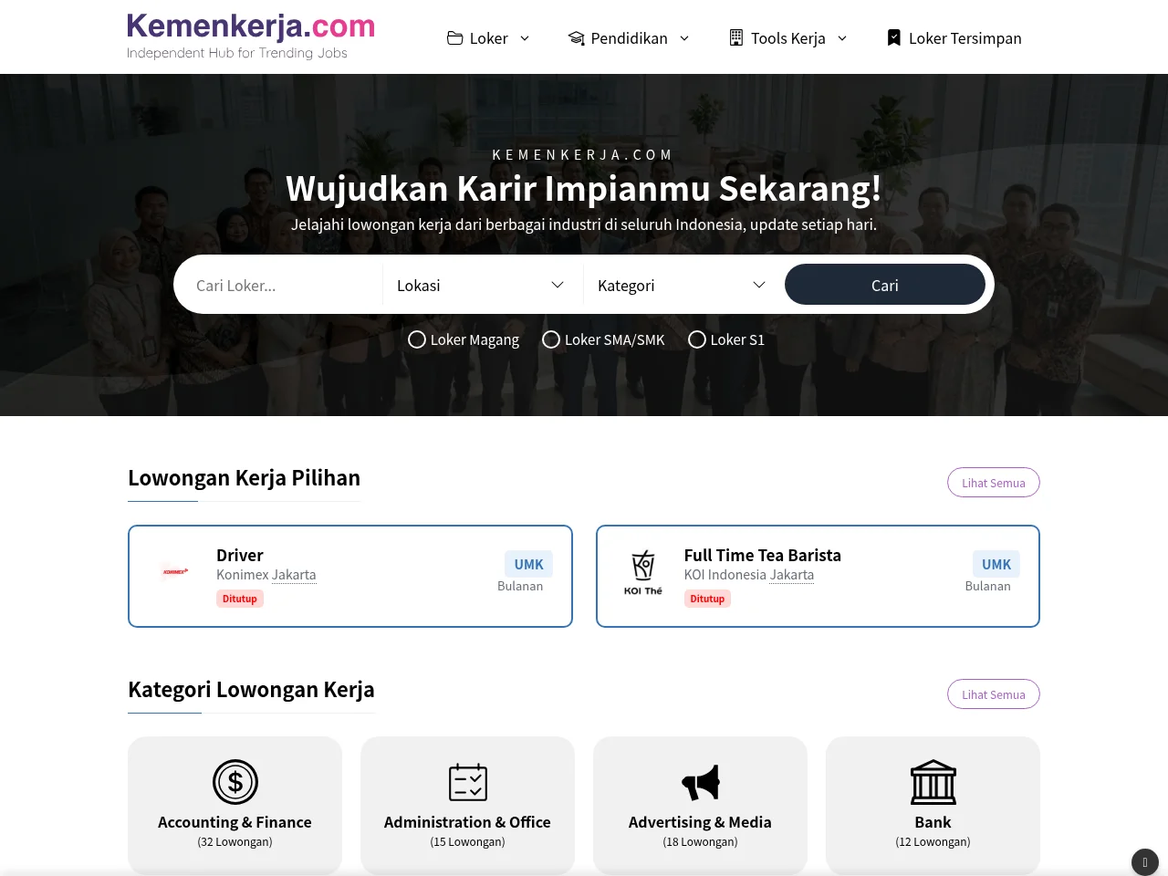 Kemenkerja.com job board platform screenshot showing job search interface