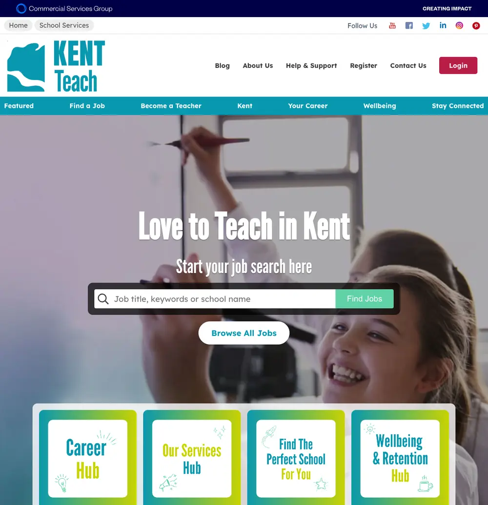Kent School Jobs job board platform screenshot showing job search interface