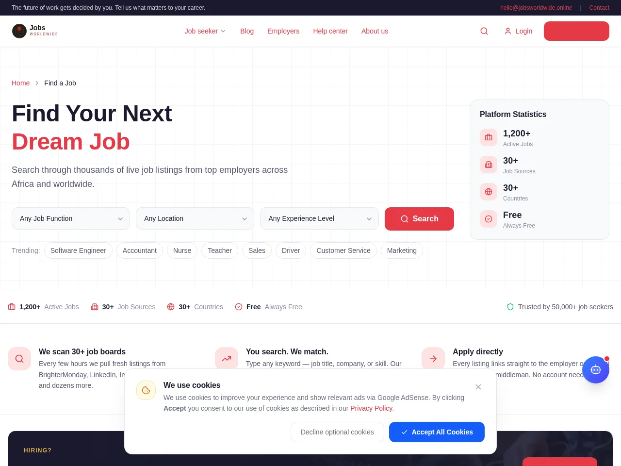 JobsWorldwide job board platform screenshot showing job search interface