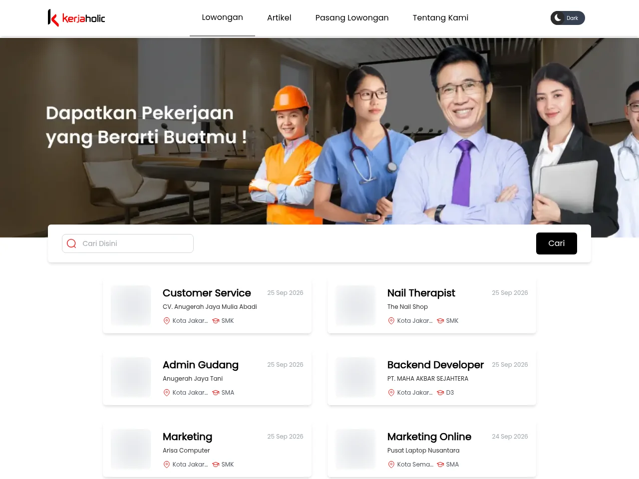 Kerjaholic screenshot Kerjaholic job board platform screenshot showing job search interface