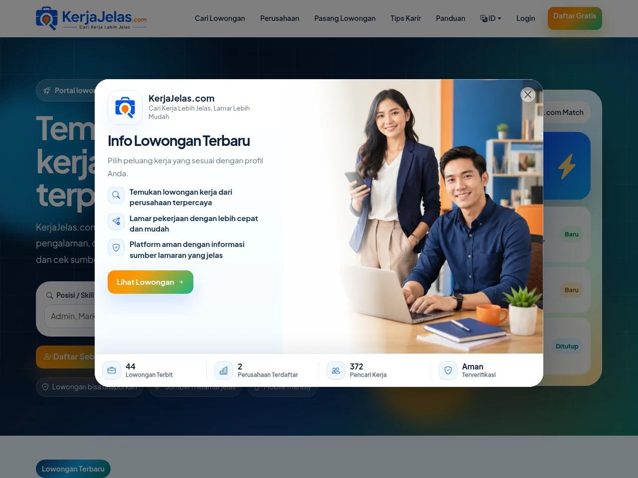KerjaJelas.com job board platform screenshot showing job search interface