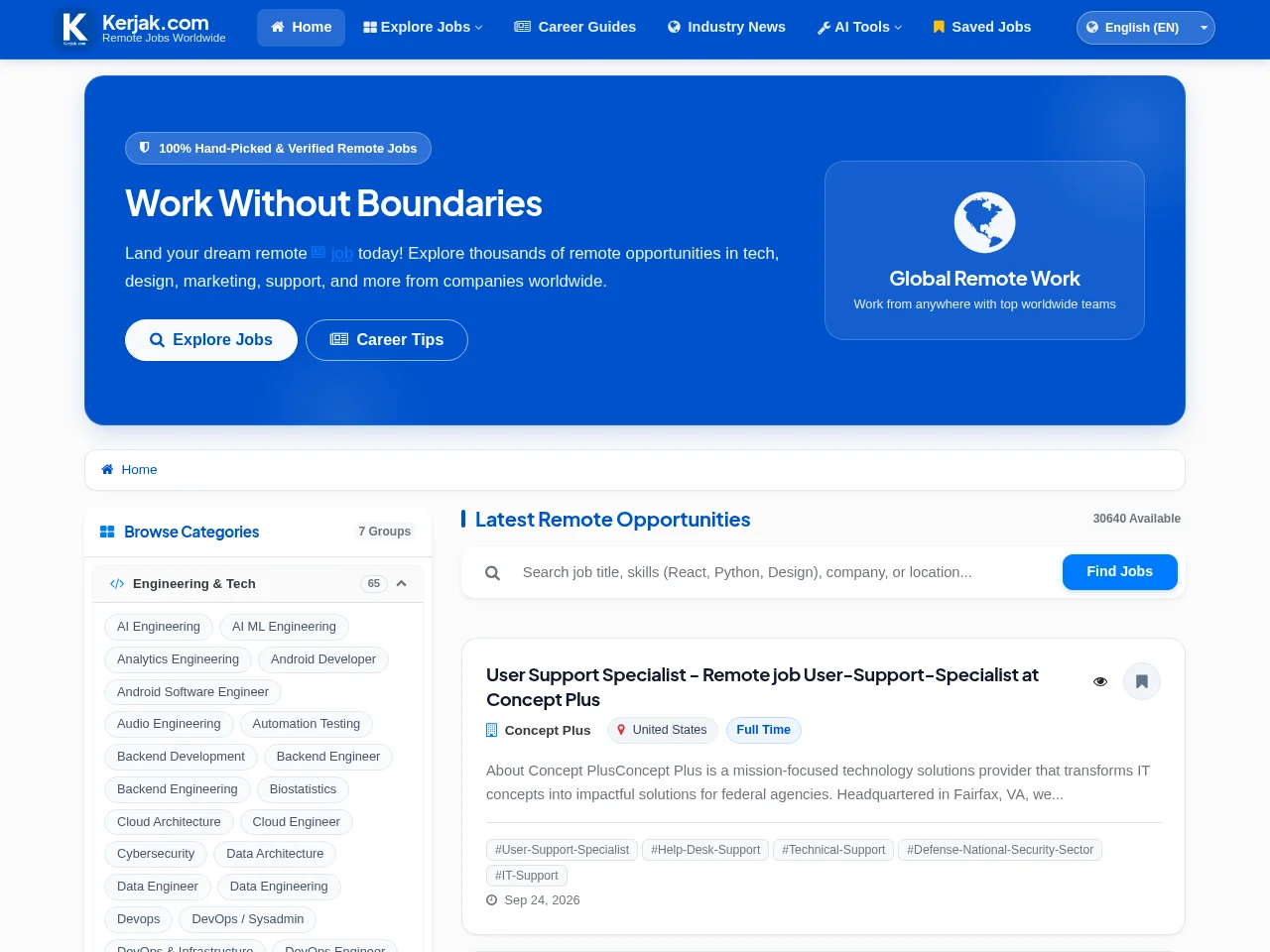 Kerjak.com job board platform screenshot showing job search interface