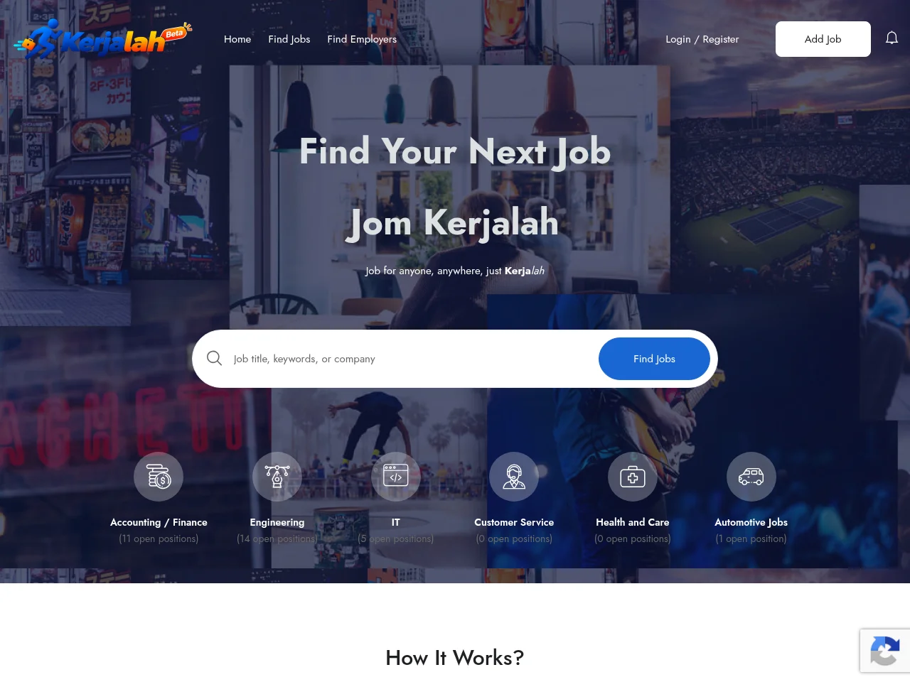 Kerjalah job board platform screenshot showing job search interface
