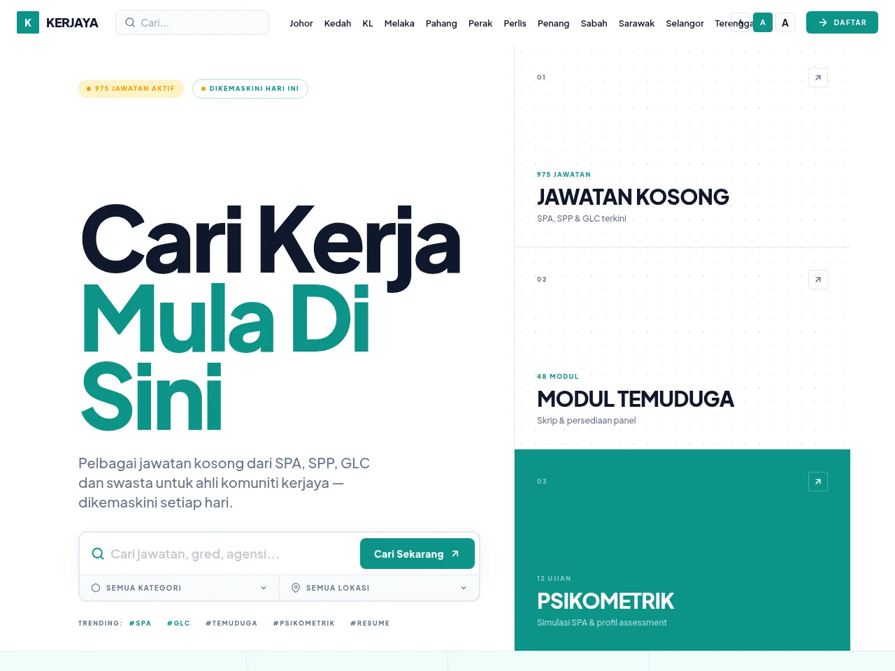 Kerjaya.co job board platform screenshot showing job search interface