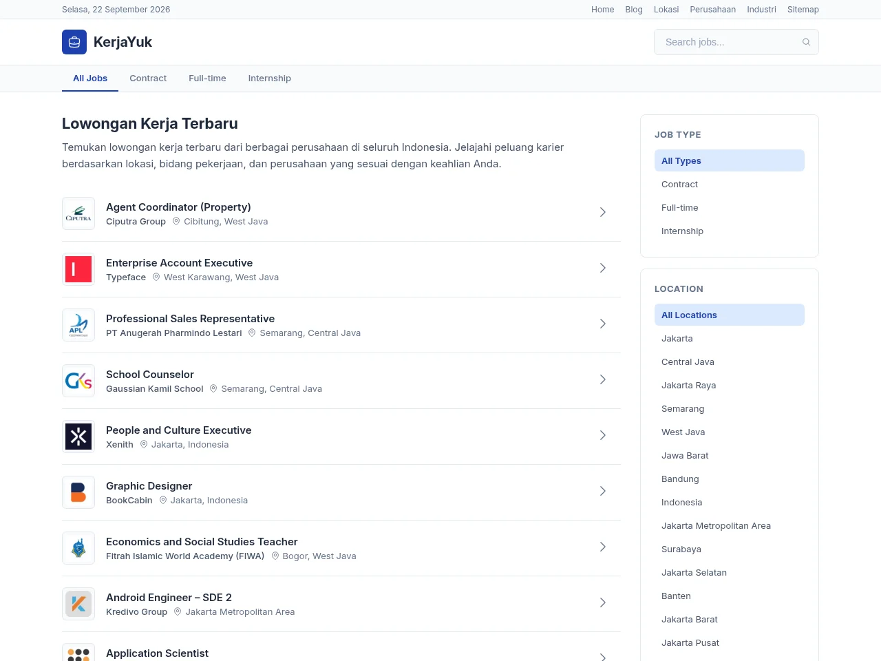 KerjaYuk job board platform screenshot showing job search interface