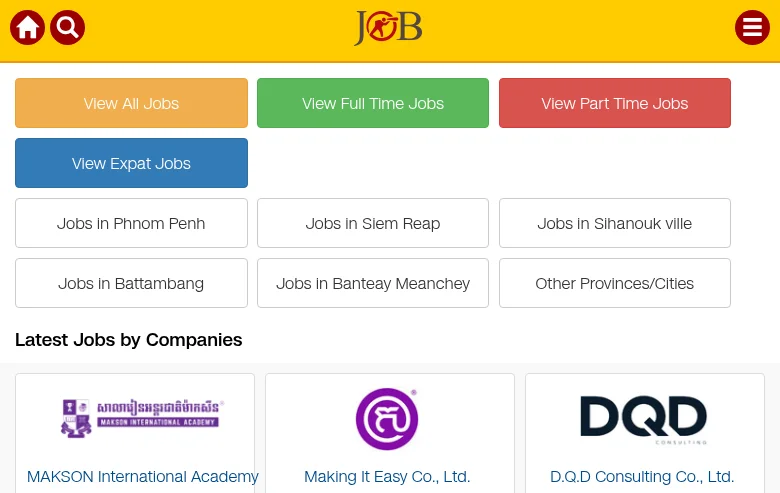 Khmer Online Jobs job board platform screenshot showing job search interface