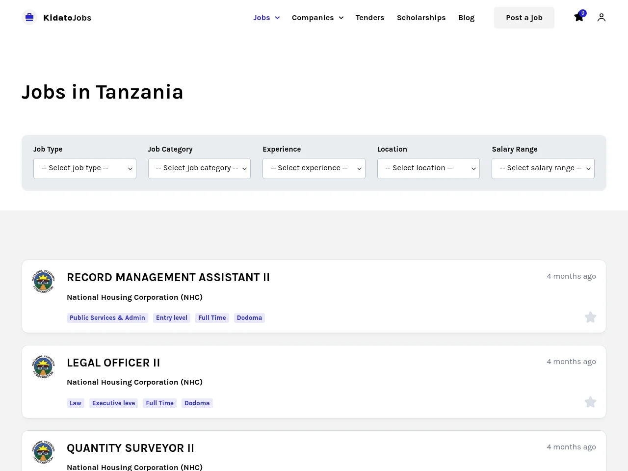 KidatoJobs job board platform screenshot showing job search interface