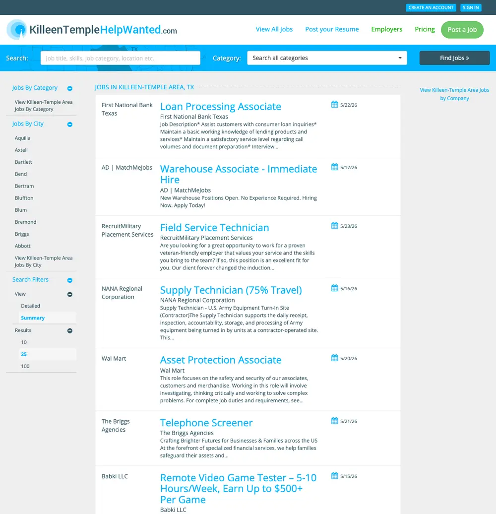 KilleenTempleHelpWanted.com job board platform screenshot showing job search interface