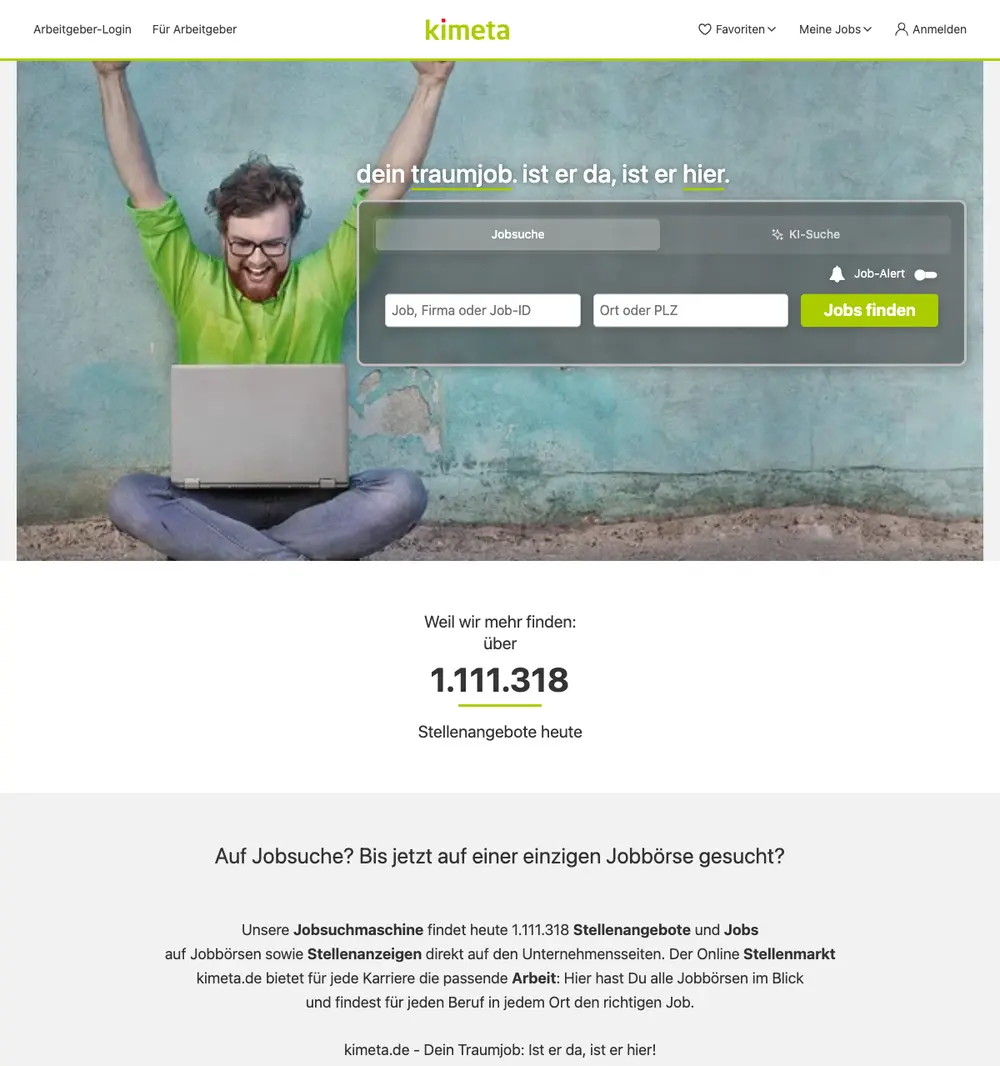 kimeta job board platform screenshot showing job search interface
