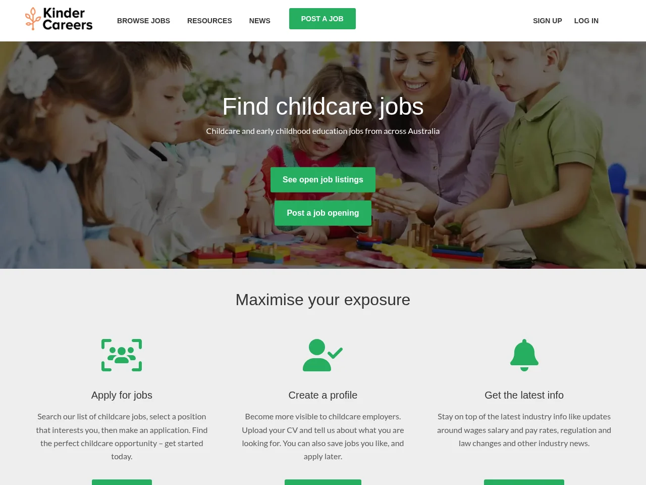 Kinder Careers job board platform screenshot showing job search interface