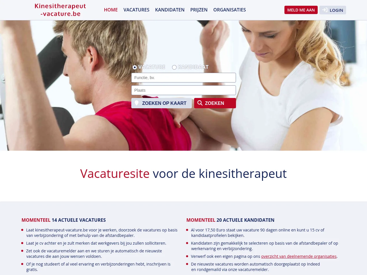Kinesitherapeut-Vacature.be job board platform screenshot showing job search interface