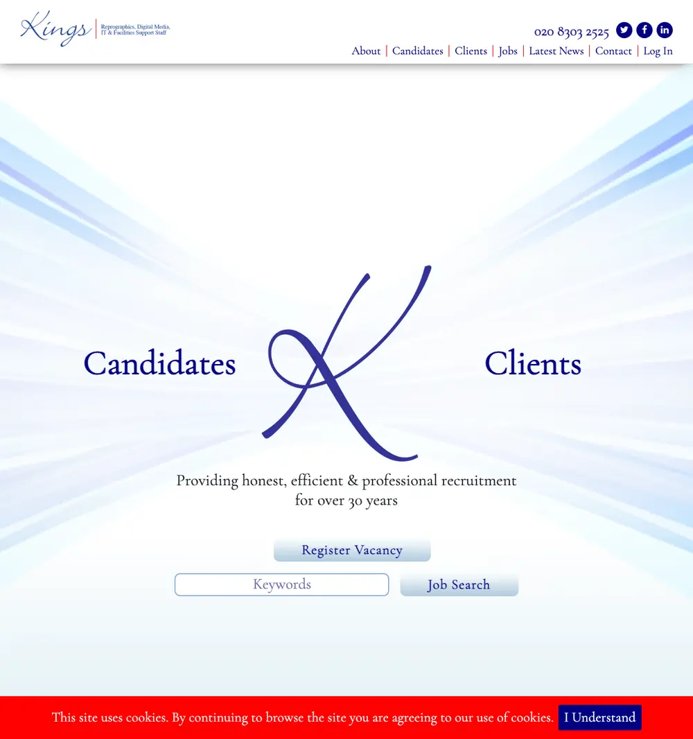 Kings Recruitment Consultants job board platform screenshot showing job search interface