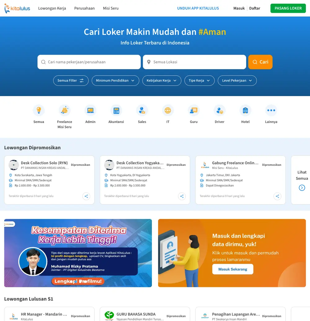 KitaLulus job board platform screenshot showing job search interface
