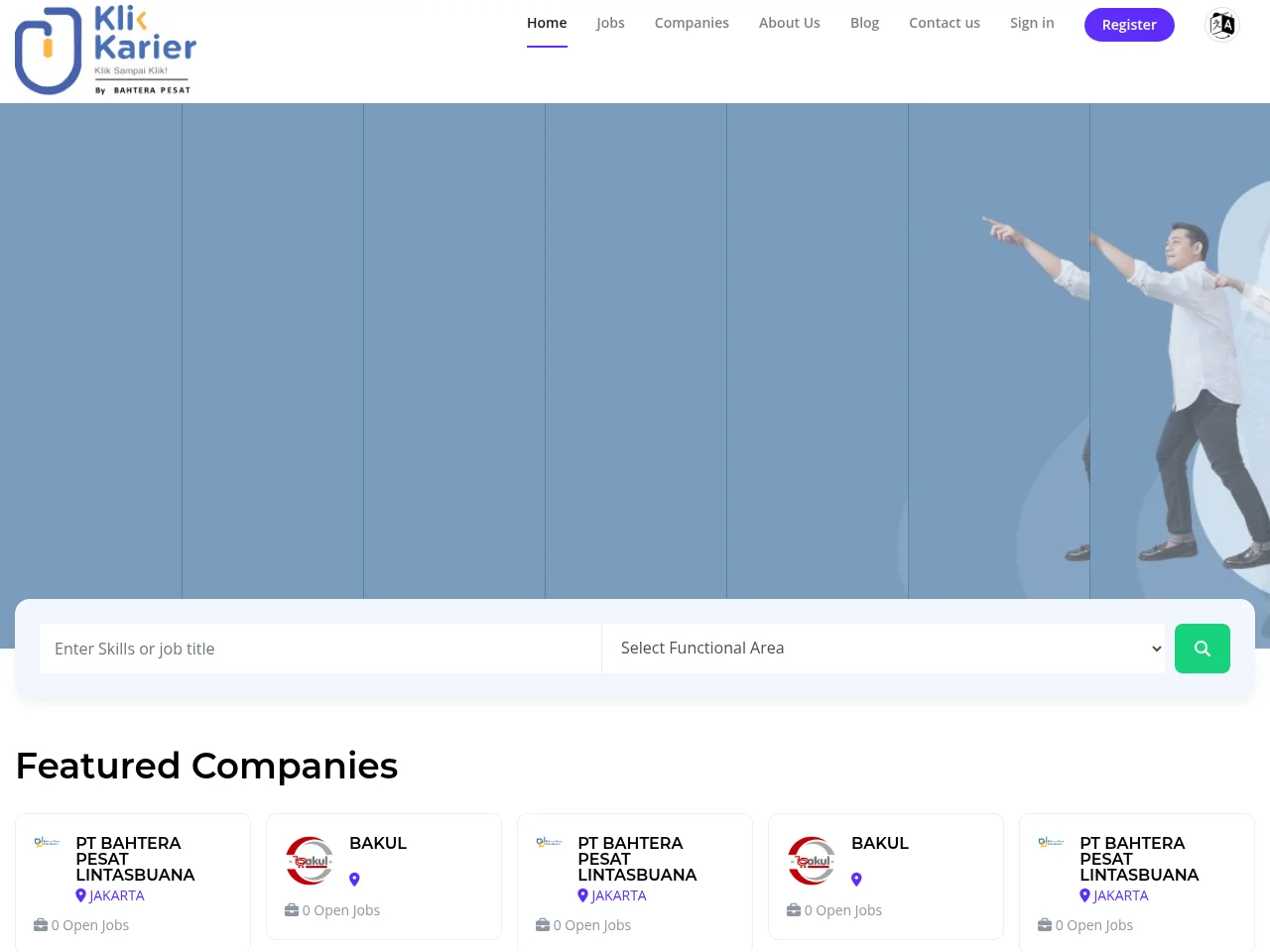 Klik Karier By Bahtera Pesat job board platform screenshot showing job search interface