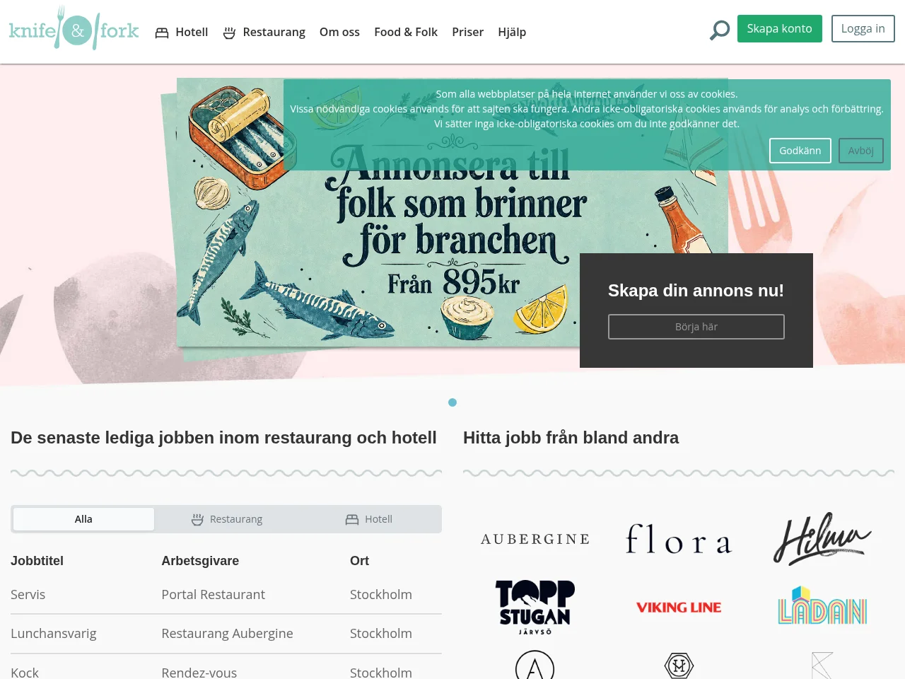 KnifeandFork.se job board platform screenshot showing job search interface