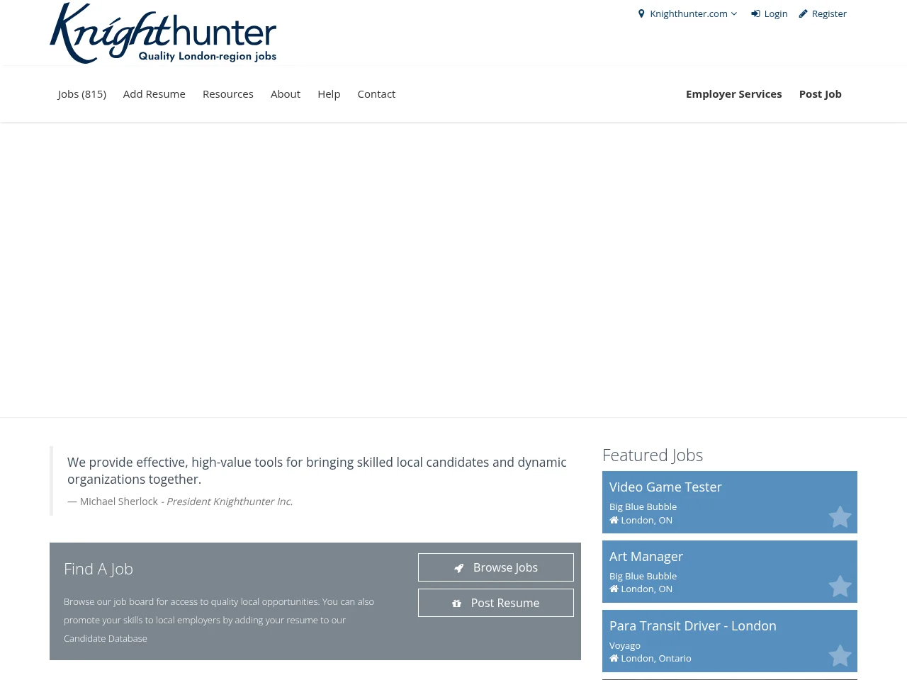 Knighthunter.com job board platform screenshot showing job search interface
