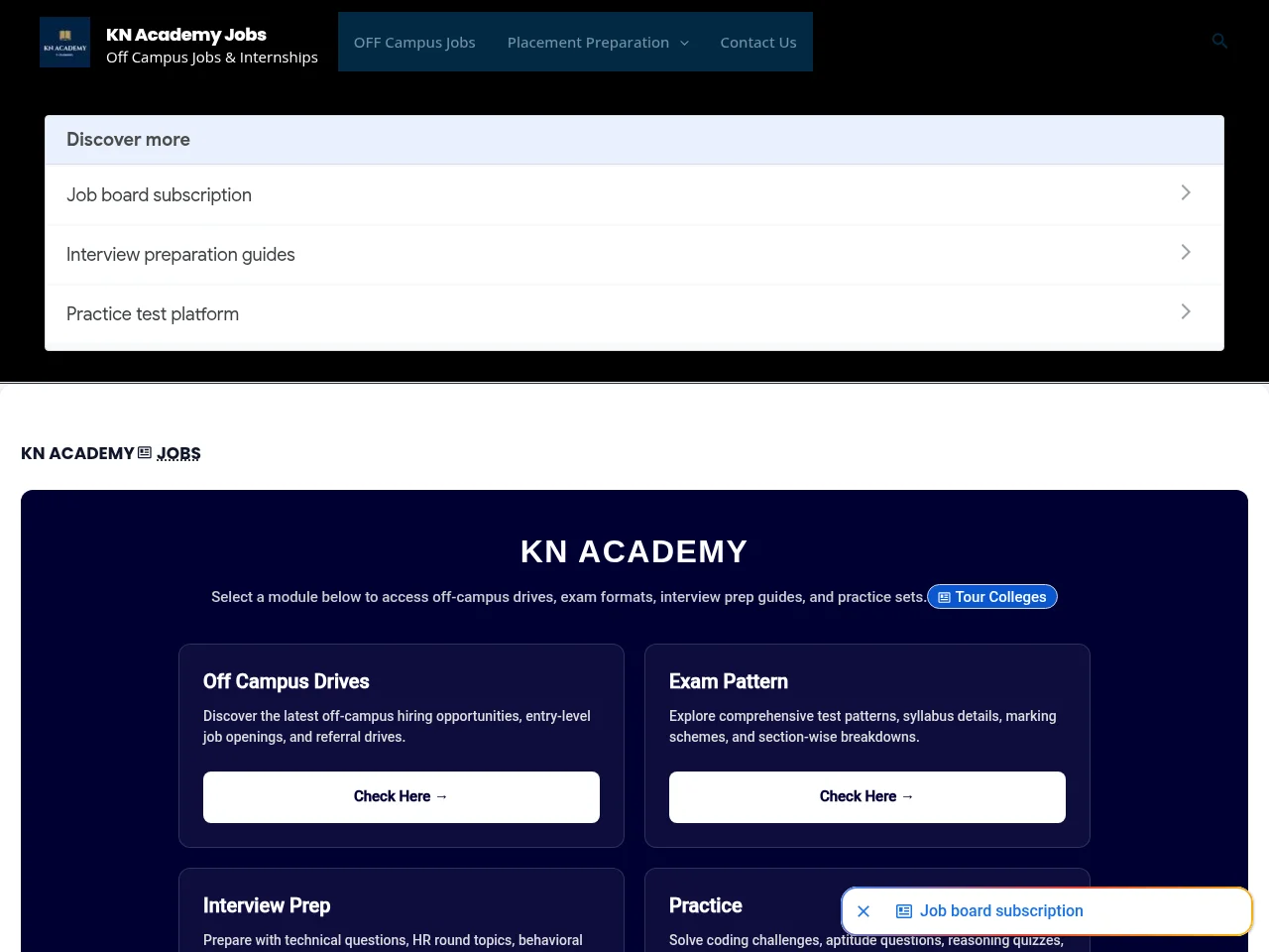 KN Academy Jobs job board platform screenshot showing job search interface