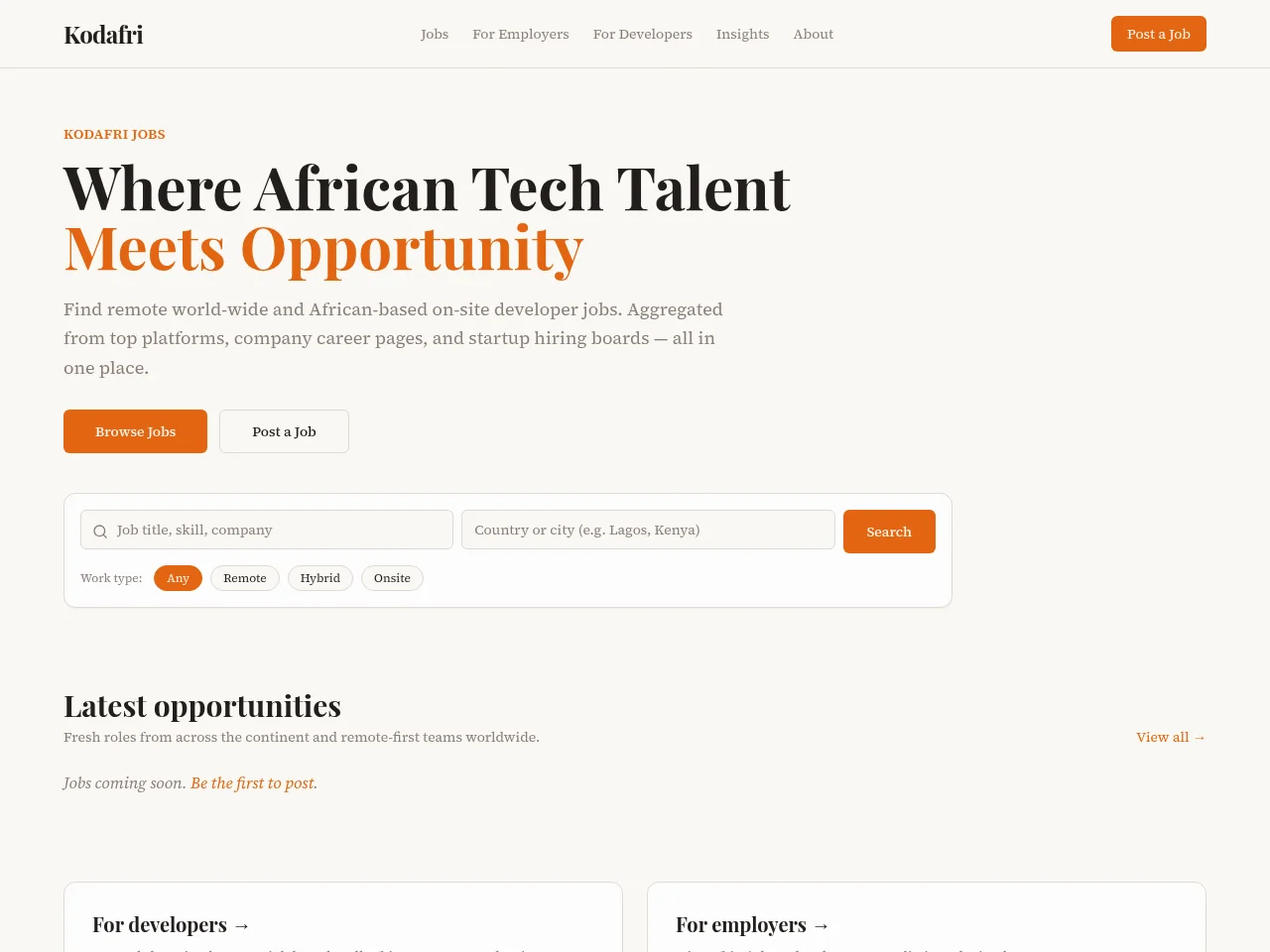 Kodafri job board platform screenshot showing job search interface