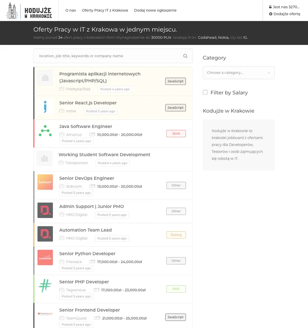Kodujże w Krakowie screenshot Kodujże w Krakowie job board platform screenshot showing job search interface