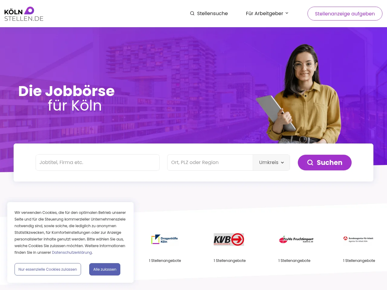 Koeln-Stellen.de job board platform screenshot showing job search interface