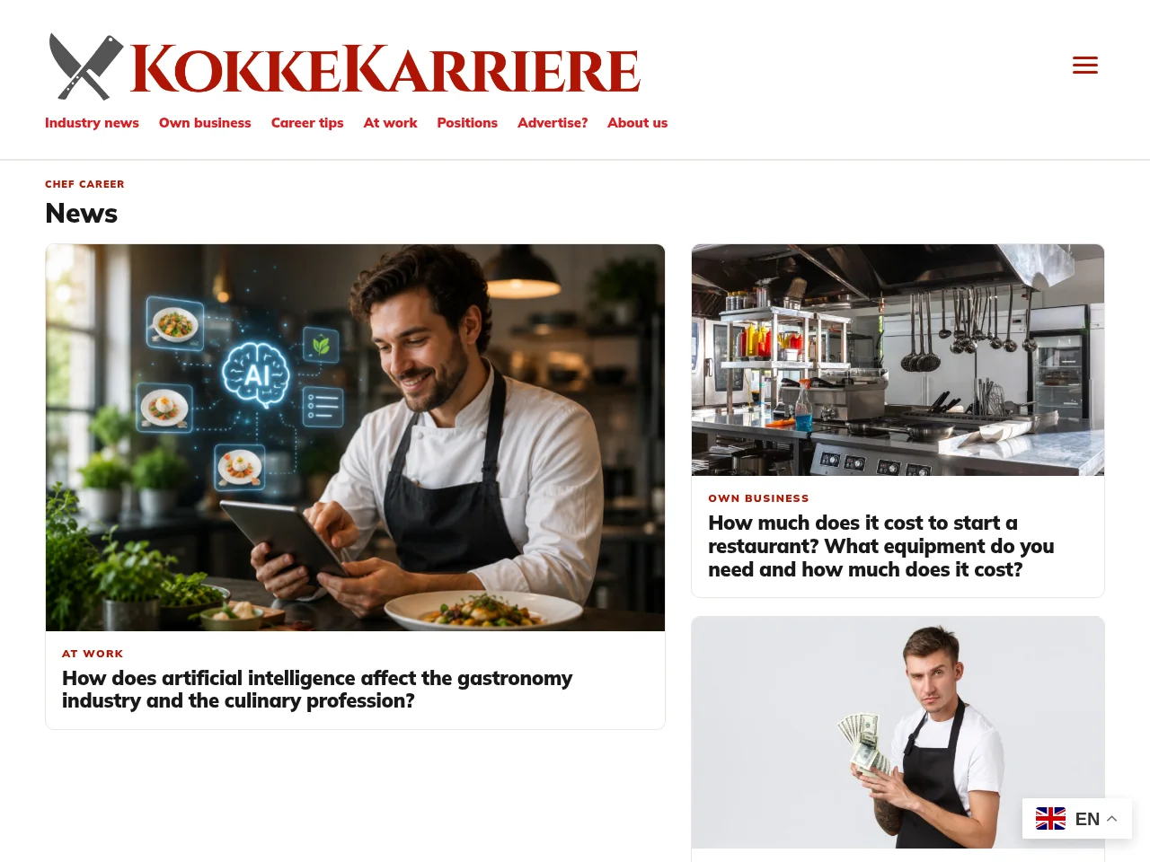 Kokkekarriere job board platform screenshot showing job search interface