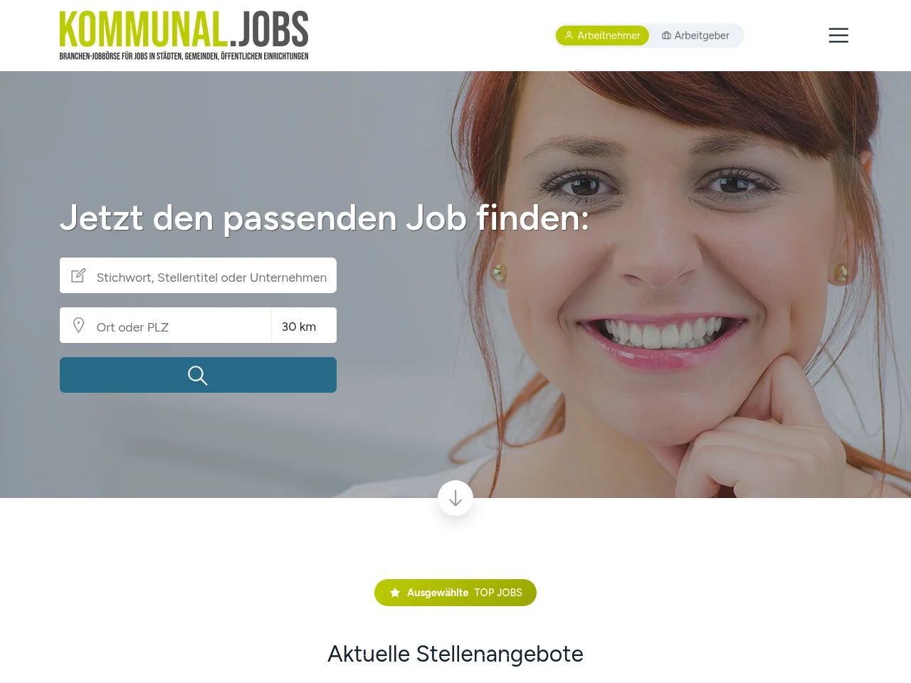 KOMMUNAL.JOBS job board platform screenshot showing job search interface