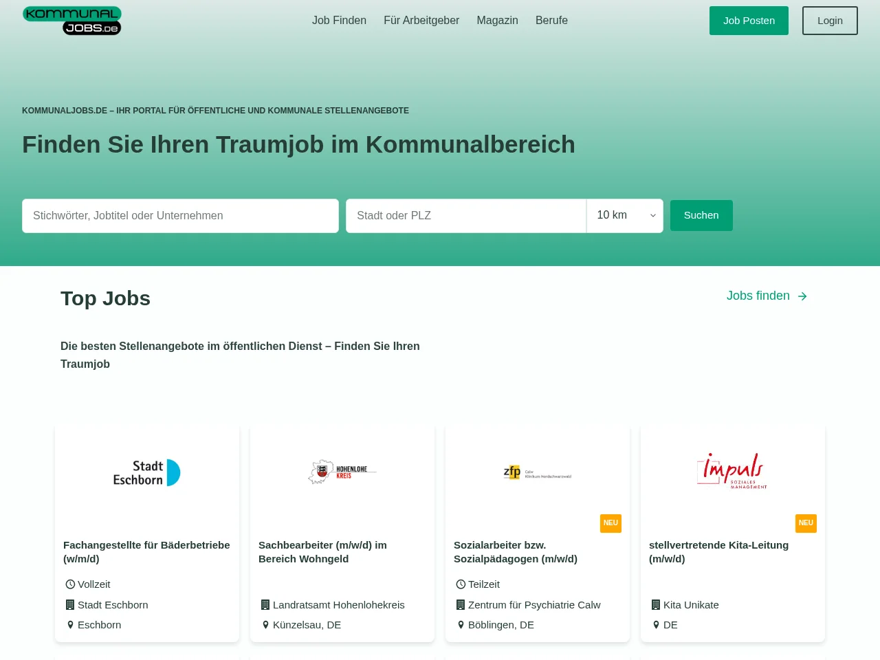 Kommunaljobs.de job board platform screenshot showing job search interface