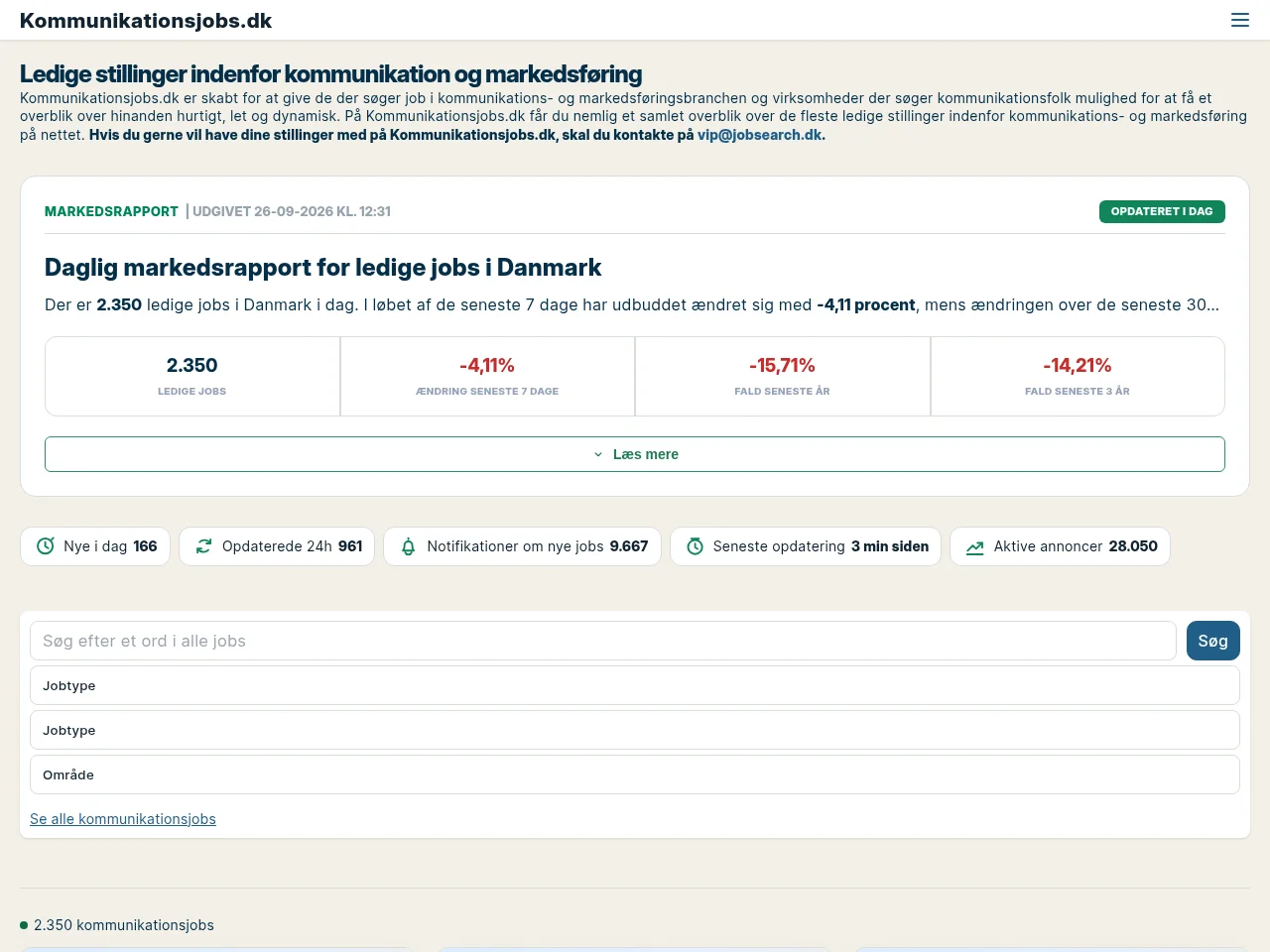 Kommunikationsjobs.dk job board platform screenshot showing job search interface