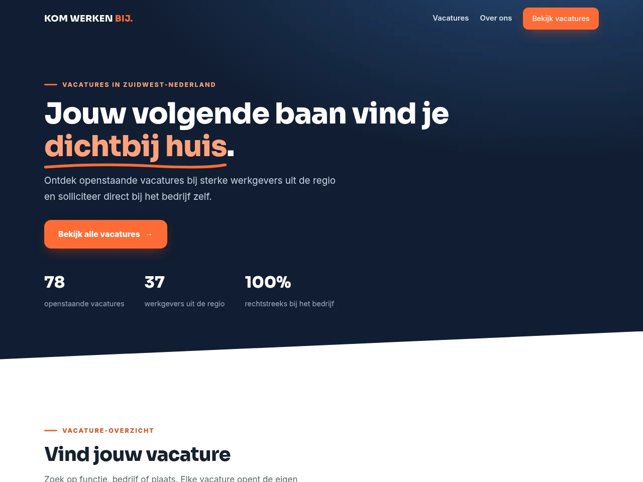 Kom Werken Bij job board platform screenshot showing job search interface