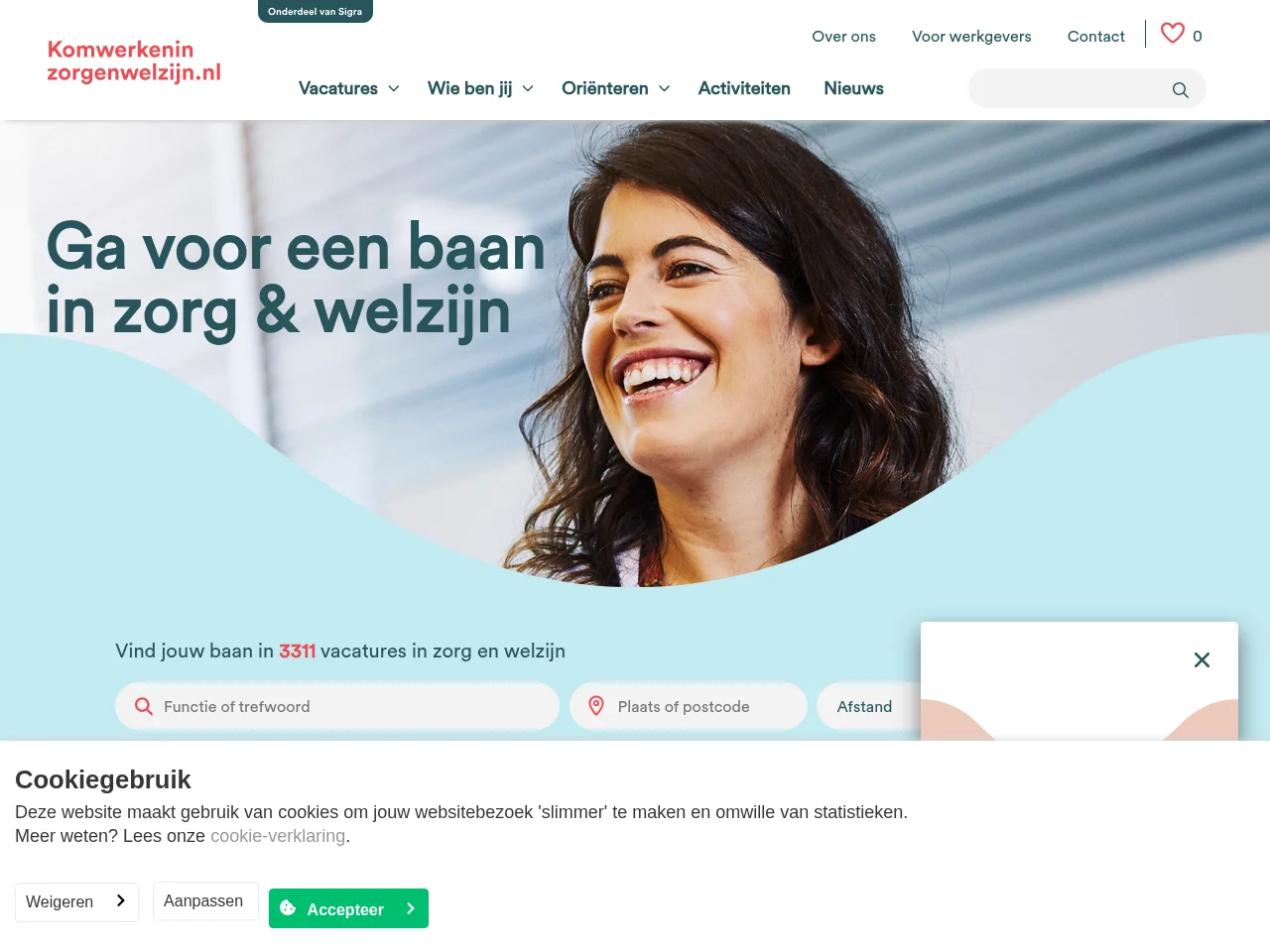 Kom Werken in Zorg en Welzijn job board platform screenshot showing job search interface