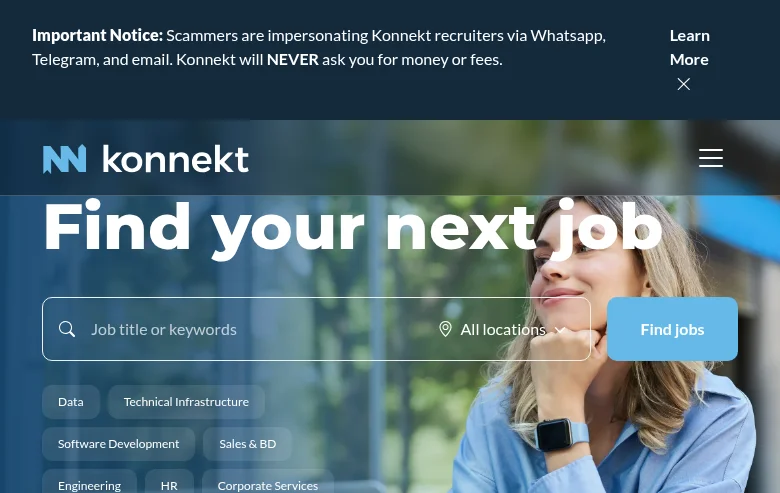 Konnekt Search & Selection job board platform screenshot showing job search interface