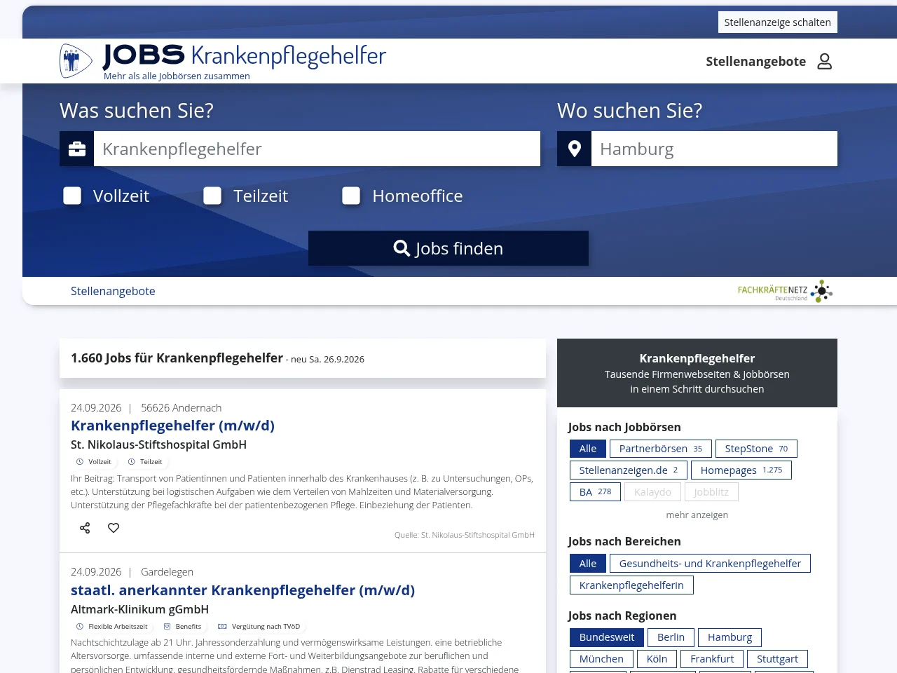 Krankenpflegehelfer-Stellenangebote job board platform screenshot showing job search interface