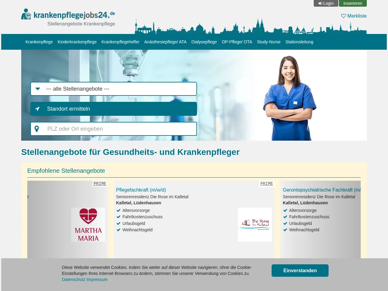 krankenpflegejobs24.de job board platform screenshot showing job search interface