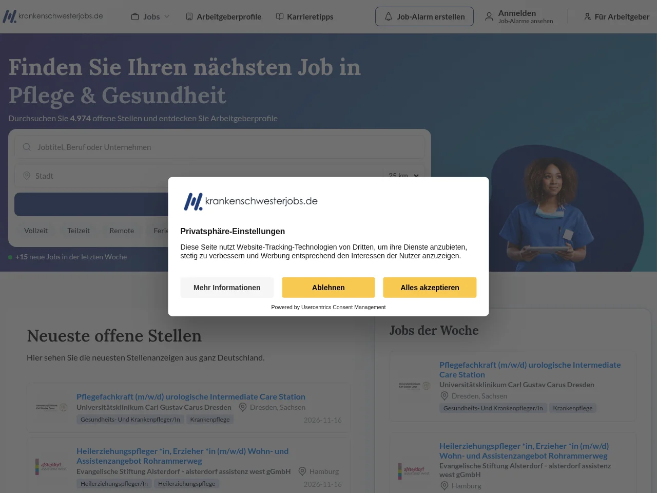 Krankenschwesterjobs website screenshot