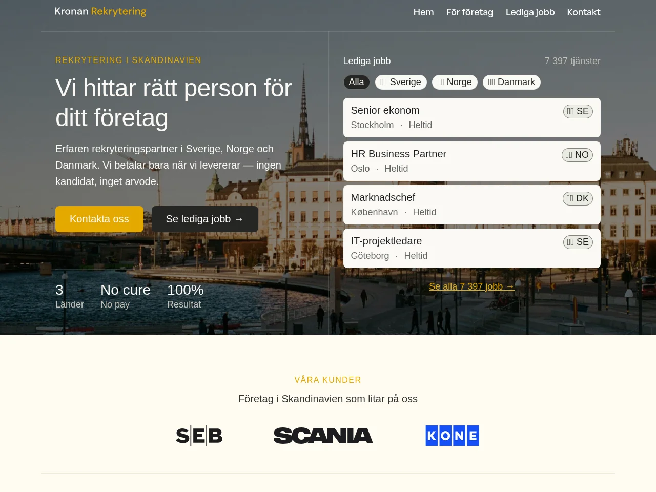 Kronan Rekrytering job board platform screenshot showing job search interface