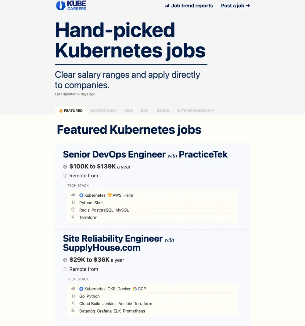 Kube Careers job board platform screenshot showing job search interface