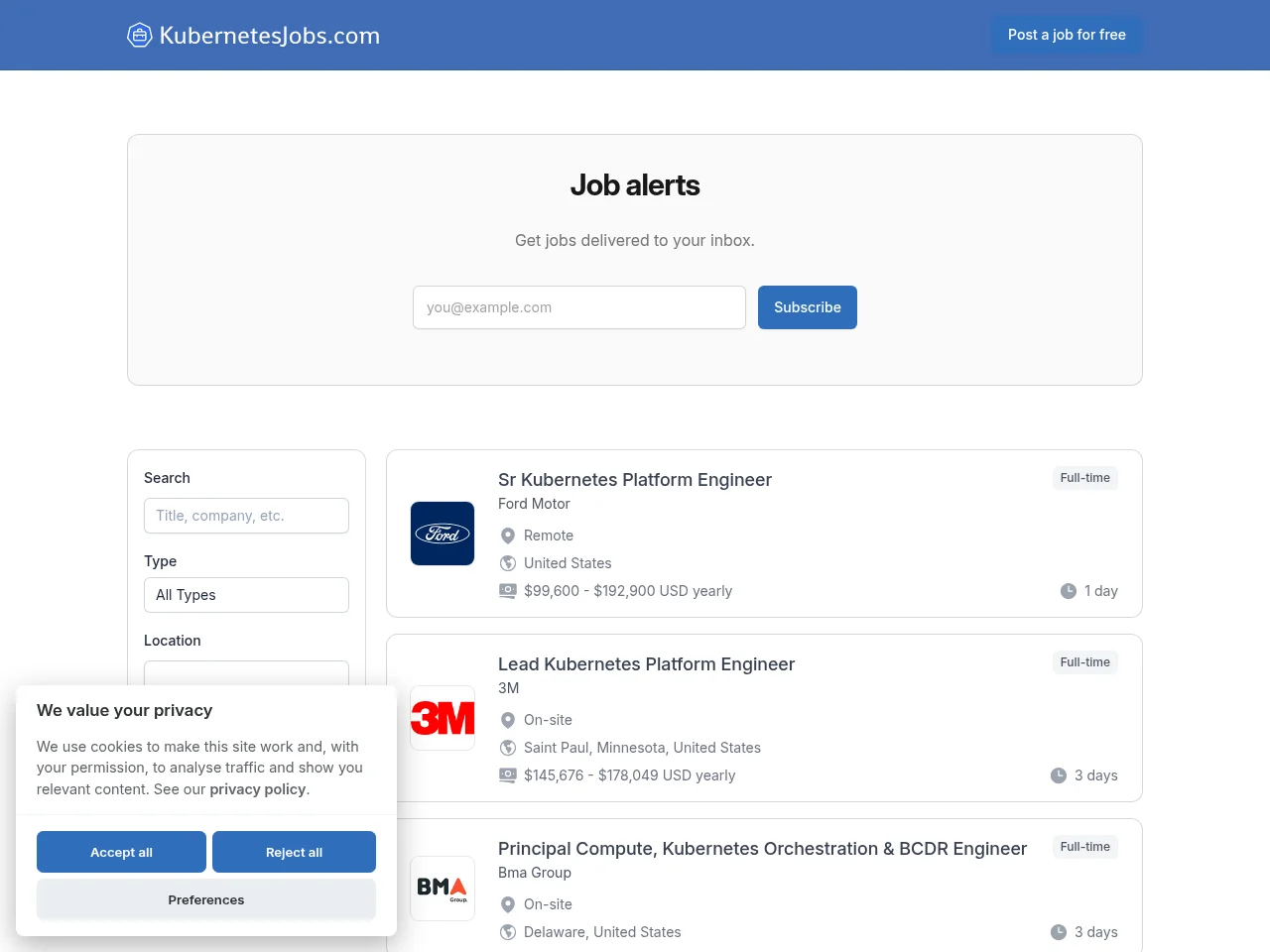 Kubernetes Jobs screenshot Kubernetes Jobs job board platform screenshot showing job search interface