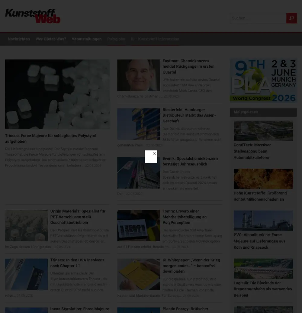 KunststoffWeb job board platform screenshot showing job search interface
