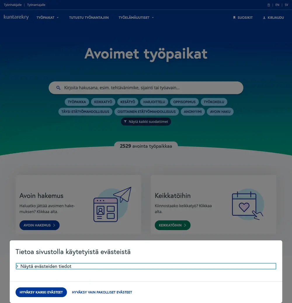 Kuntarekry job board platform screenshot showing job search interface