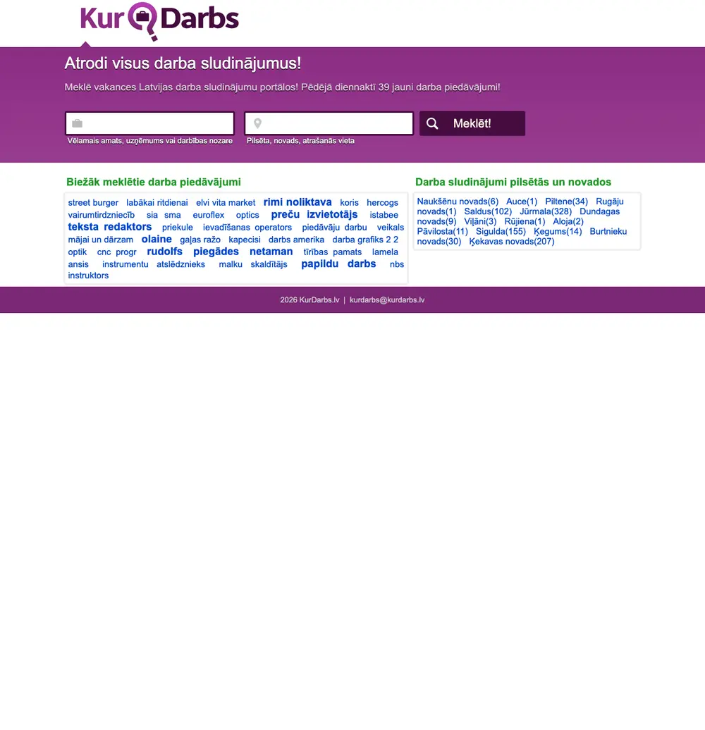 KurDarbs.lv job board platform screenshot showing job search interface