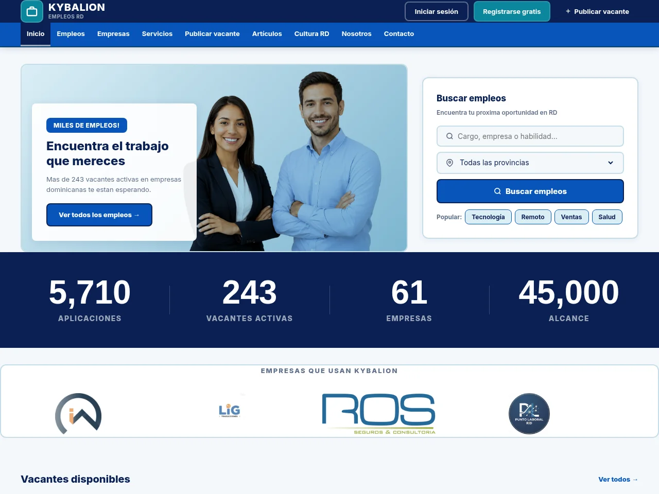 Kybalion Empleos RD job board platform screenshot showing job search interface