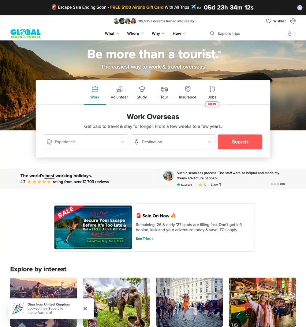 Global Work & Travel job board platform screenshot showing job search interface